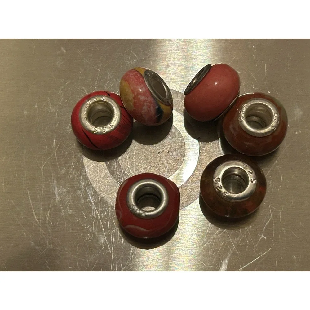 Lot of 6 Sterling Silver Core Bracelet Charm Beads Lampwork Glass Style 925 1